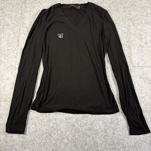 Zerocircle Korea Black Ribbed V Neck Long Sleeve Top T-shirt Y2K Womens XL